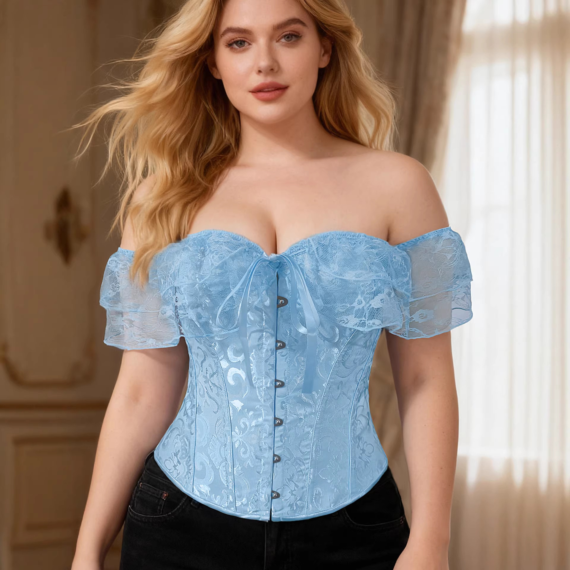 Sky Blue Off-Shoulder Lace Corset Dress 2