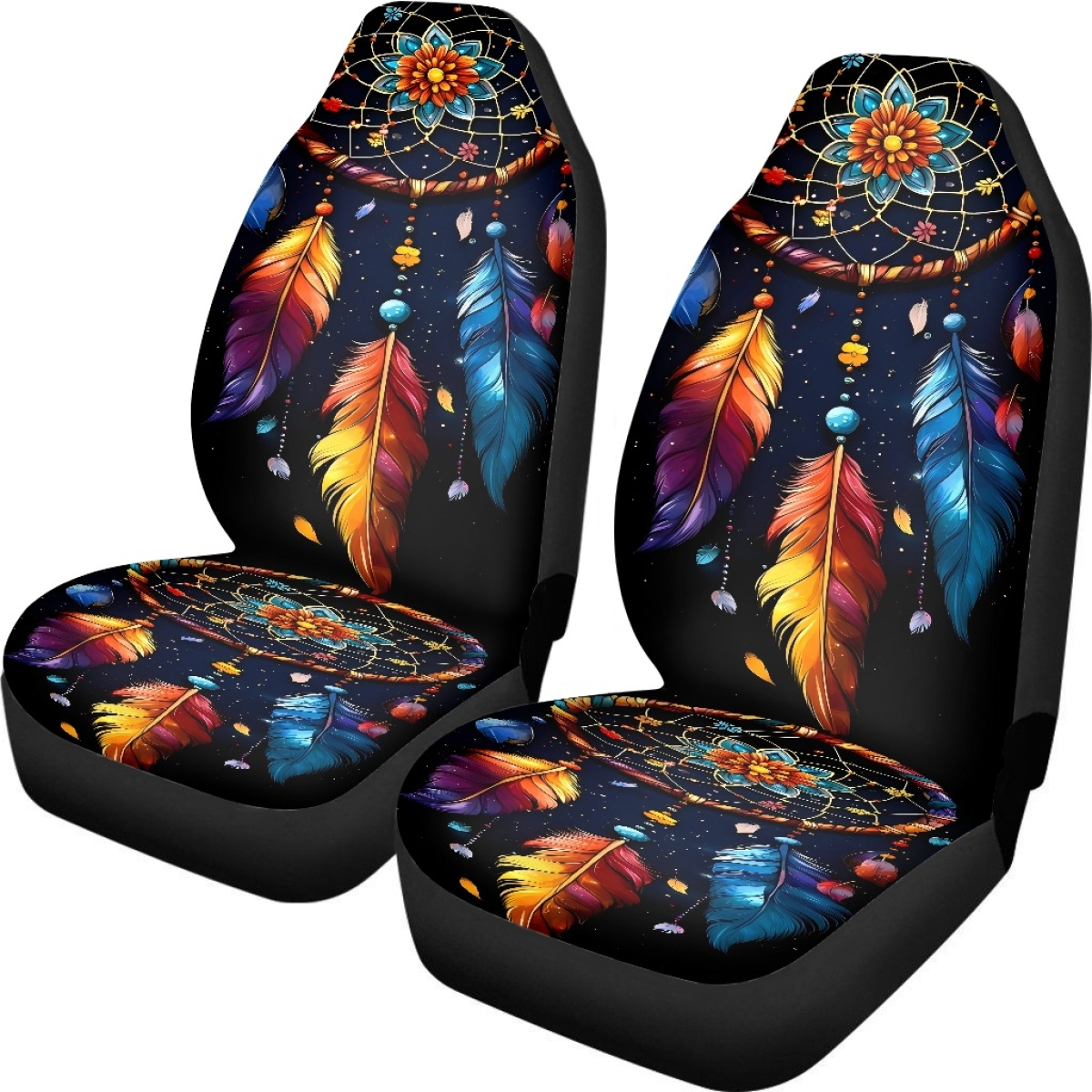2 Front Car Seat Covers, Digitally Printed With Feather Patterns, Thin, Suitable For All Seasons, Fashionable Car Seat Covers 8