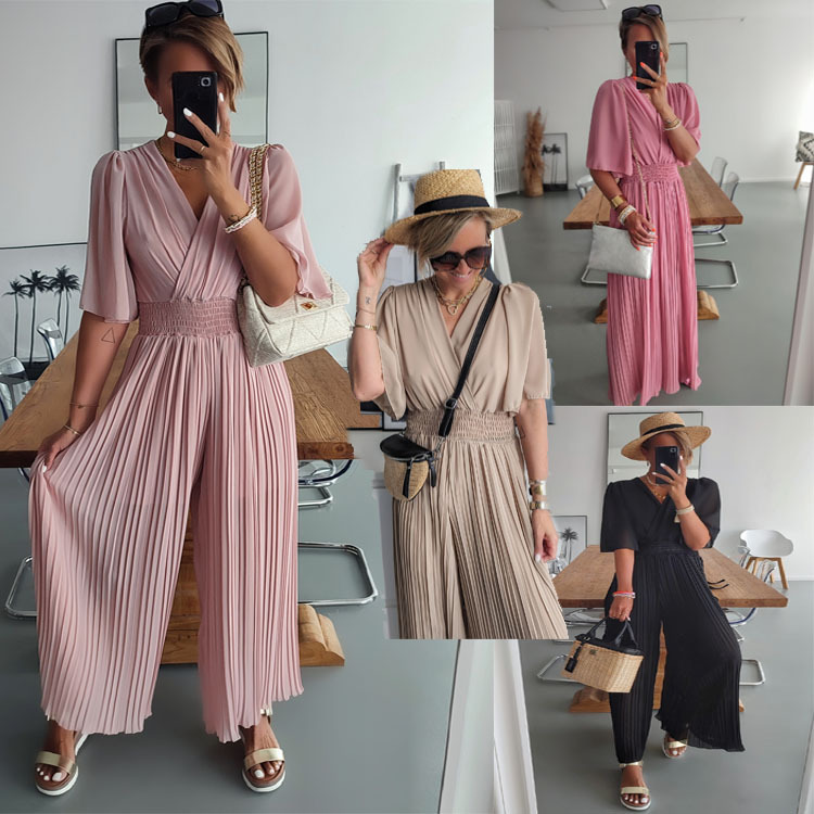 Pleated V-Neck Leisure Vacation Wide-Leg Pants Jumpsuit