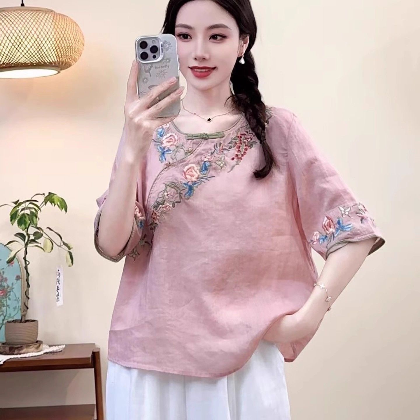 Women's Embroidered Cotton-Linen Short Sleeve Shirt 2