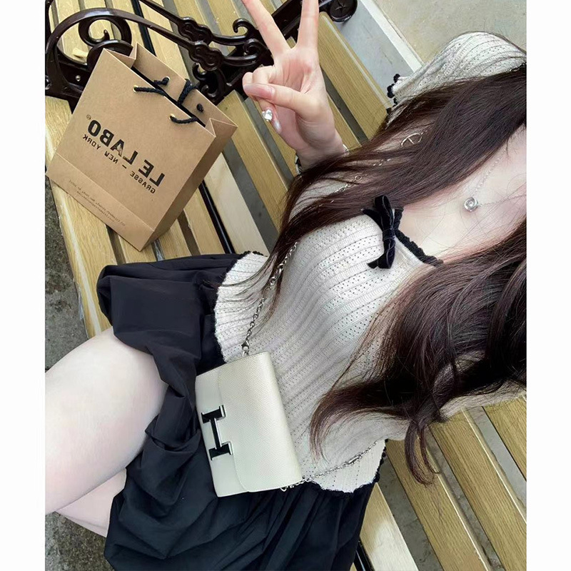 American Style Contrast Color Lace Bow Ice Silk Knit Top 4