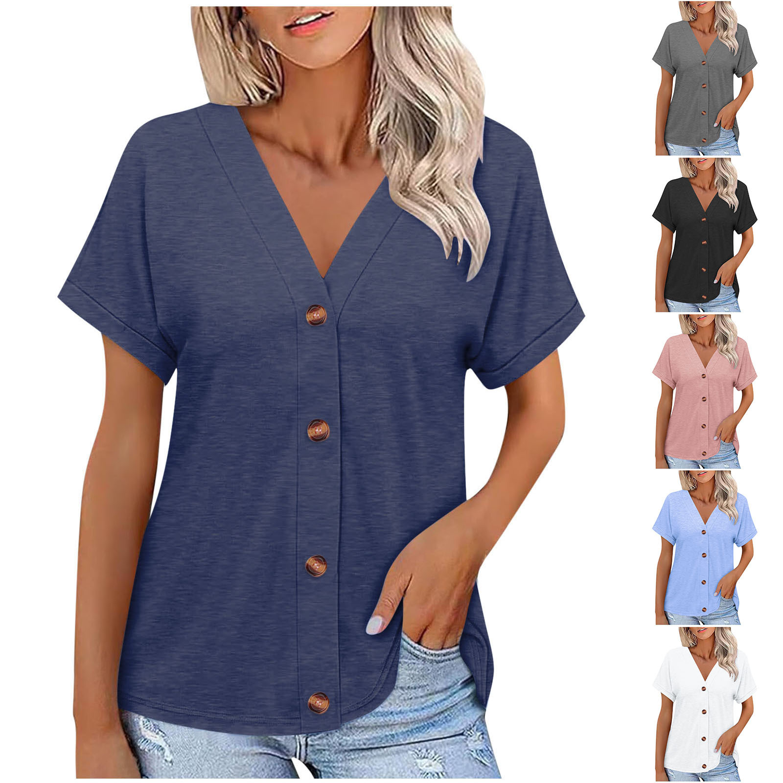 Solid Color Button-Up Loose Short Sleeve Top for Women 2