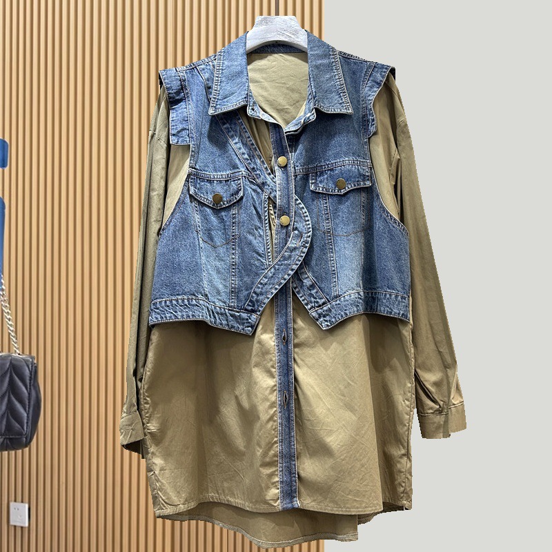 Women's Faux Two-Piece Denim Shirt Jacket
