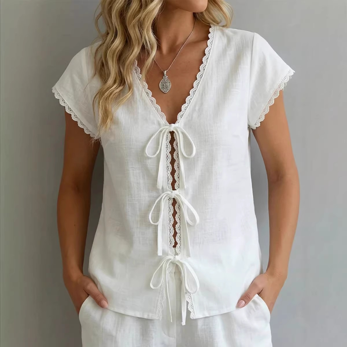 Contrast Lace-Trim Short Sleeve Top 5