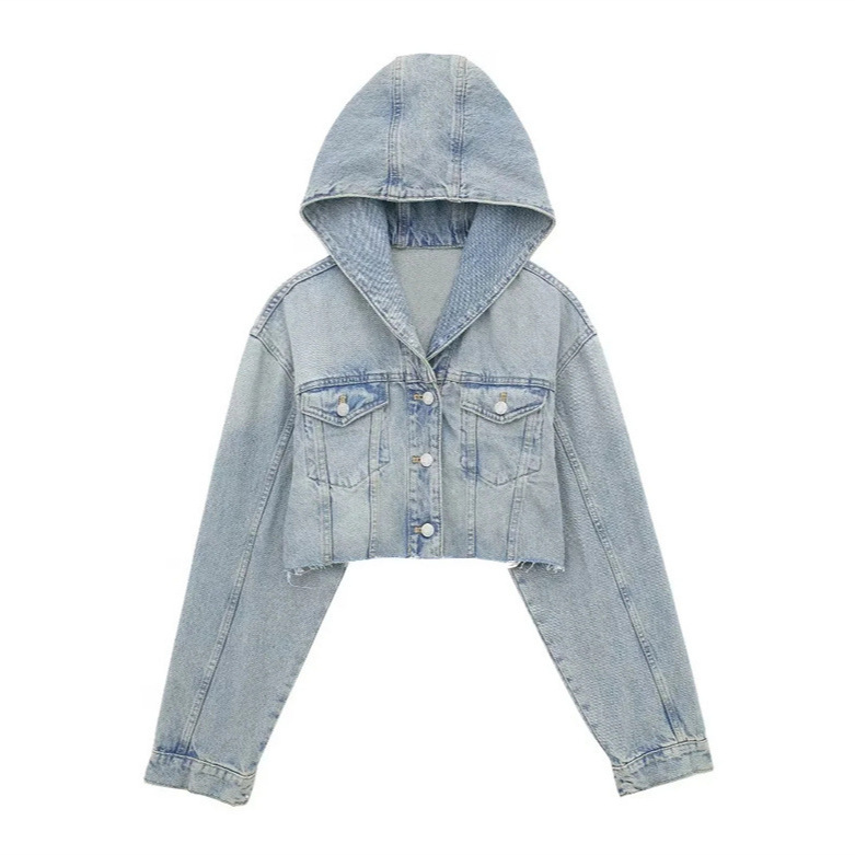 Women’s Washed Denim Jacket with Hood and Frayed Hem