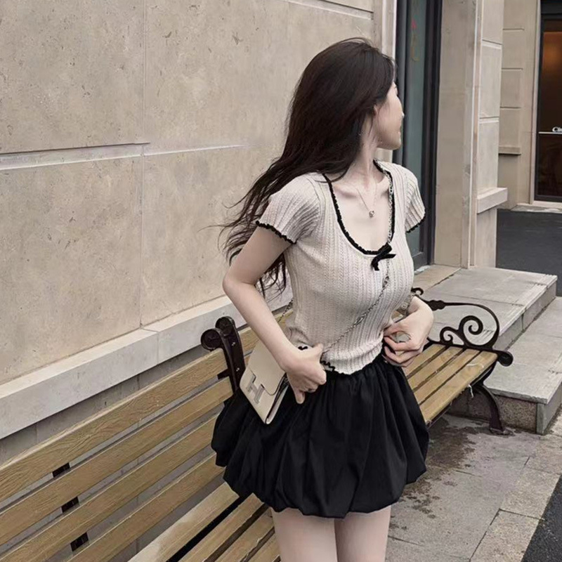 American Style Contrast Color Lace Bow Ice Silk Knit Top 2