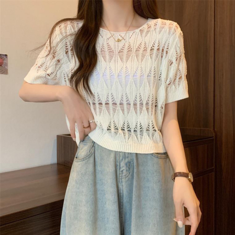 Hollow-out Ice Silk Short Sleeve Sweater 6