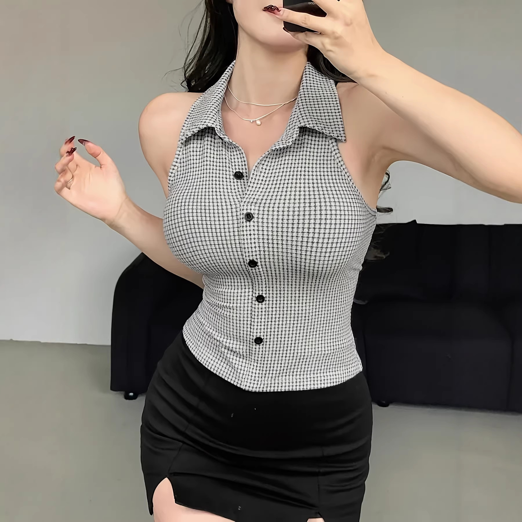 Solid Color Plaid Sexy Top for Women 4