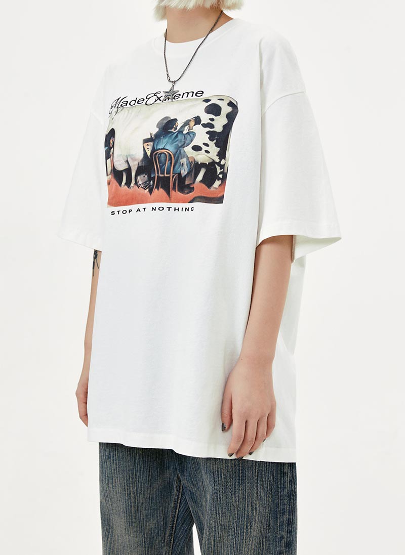 American Retro Distressed Cow Painting T-Shirt 11