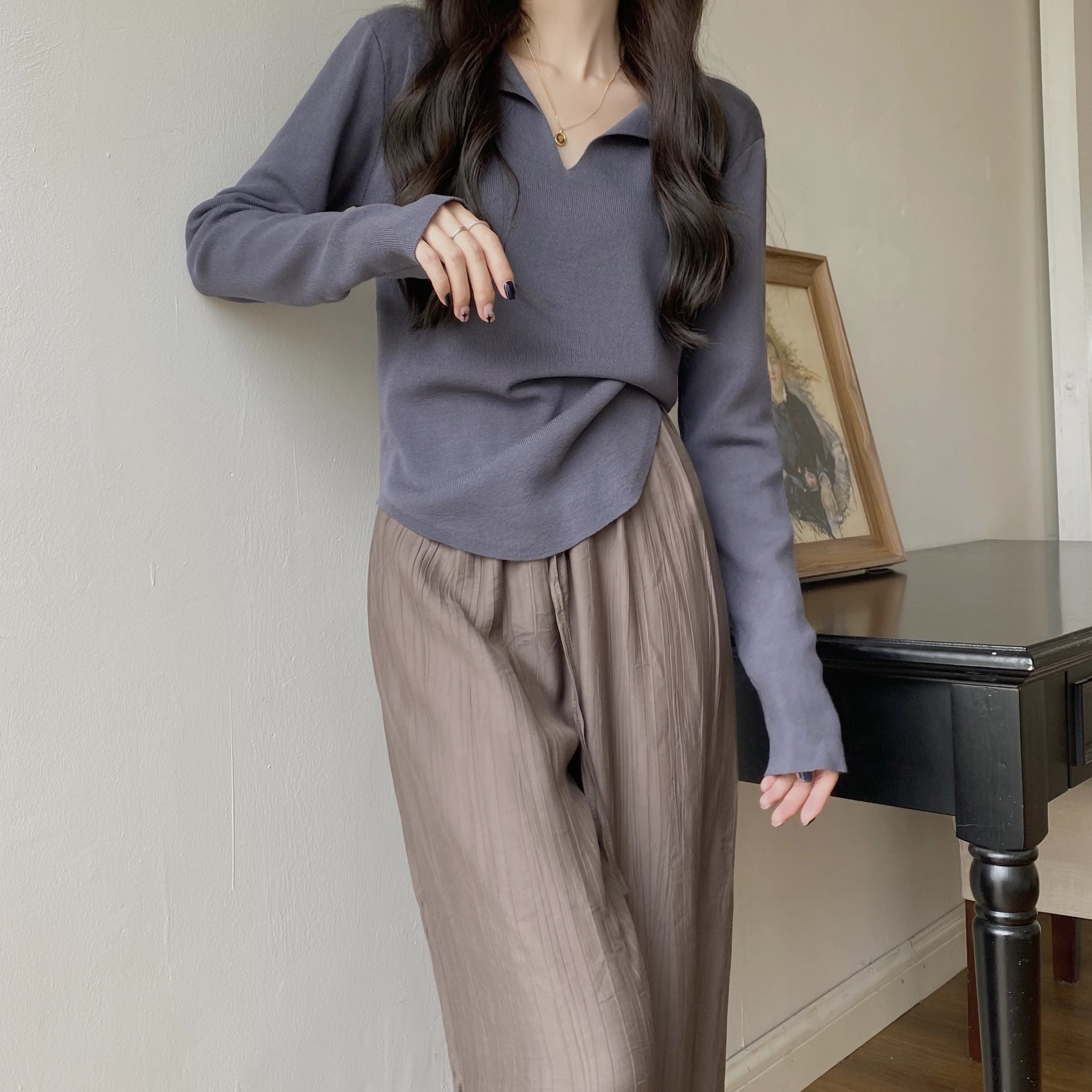 Women's Fall V-Neck Knit Long-Sleeve Top