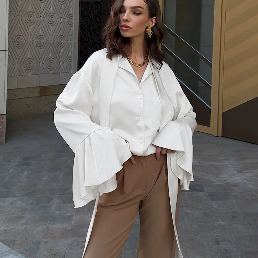Satin Tie-Neck Ruffle Shirt