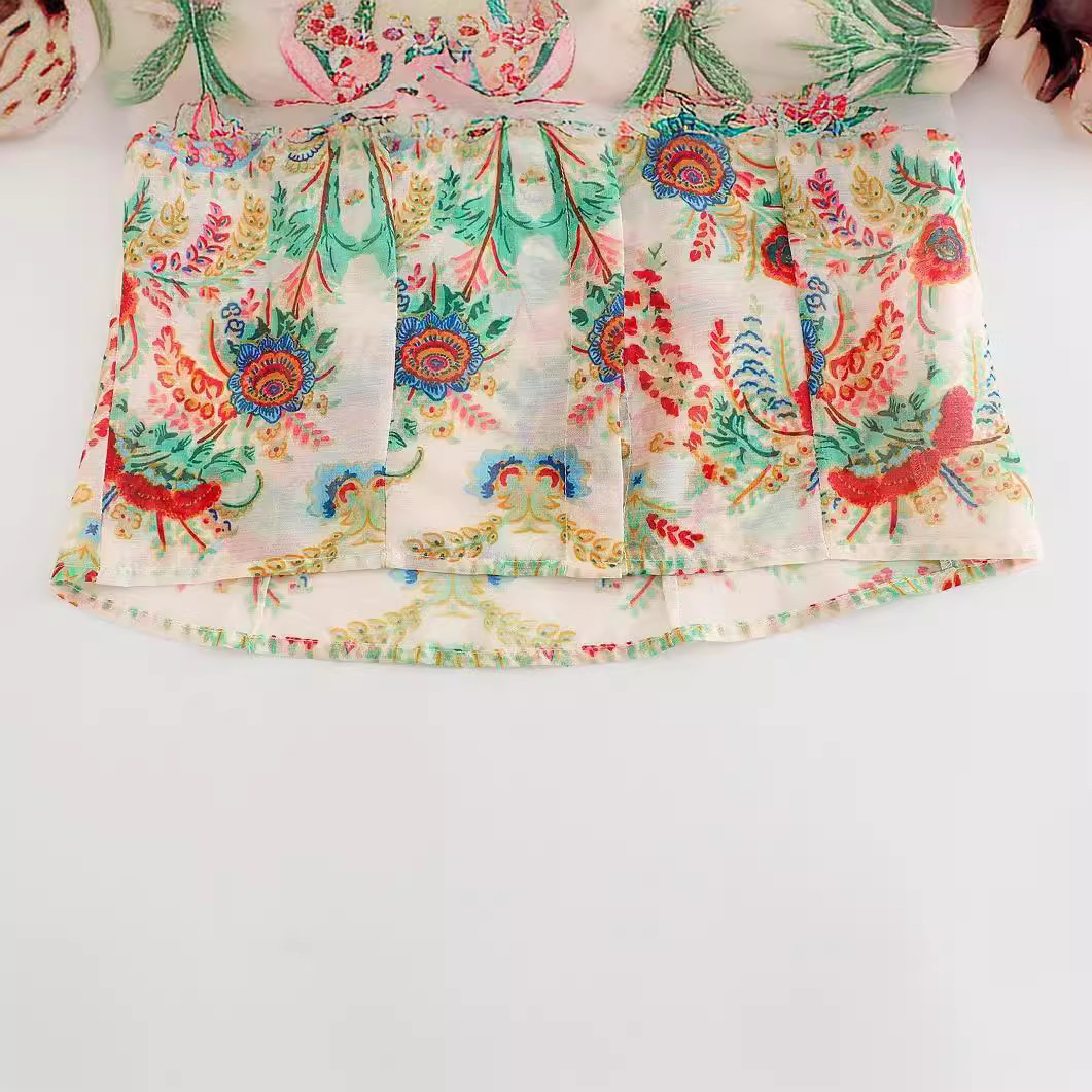 Chiffon Puff Sleeve Shirt with Lapel Print 4