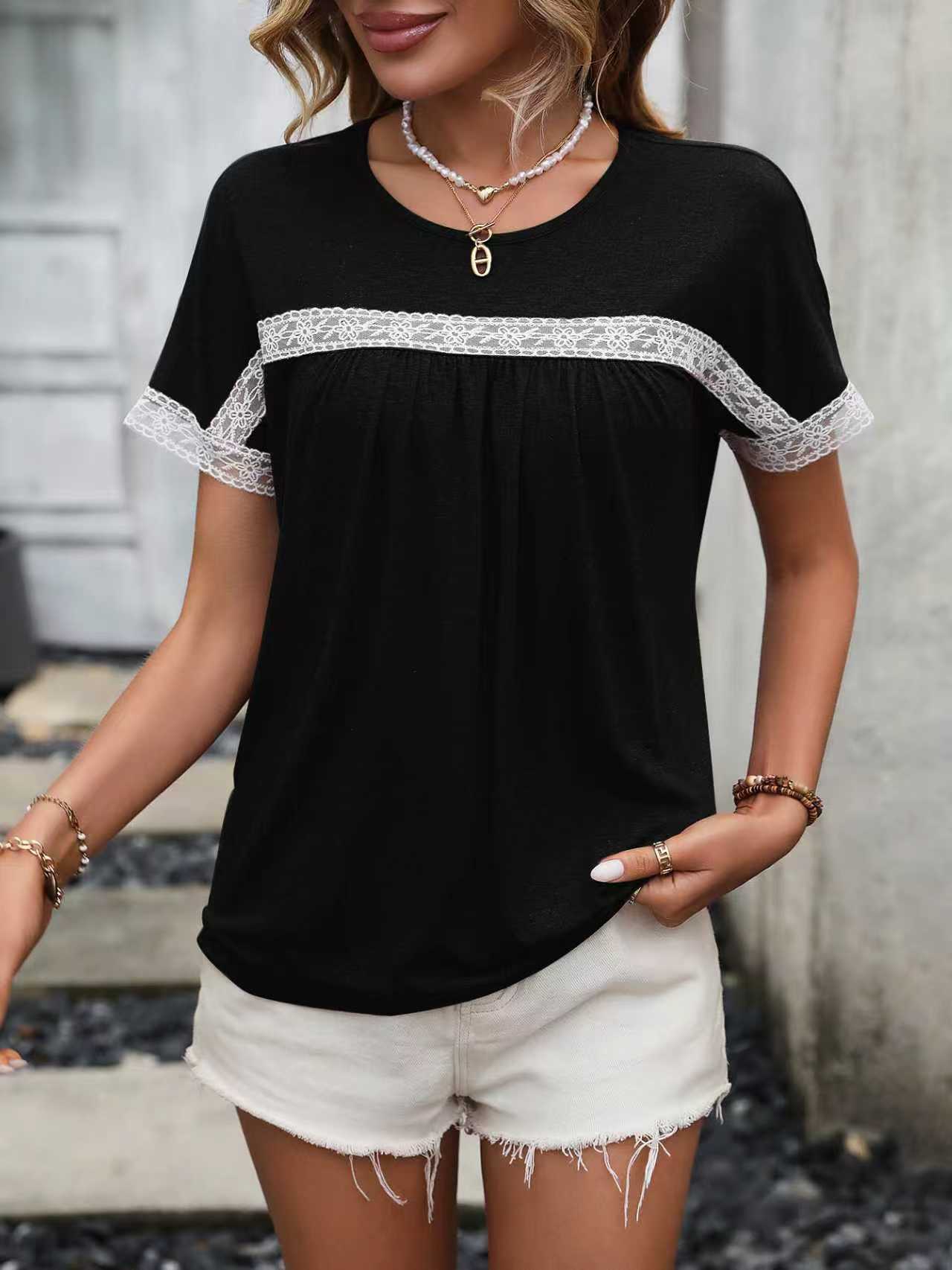 Lace-Panel Crew Neck Short Sleeve Top 7