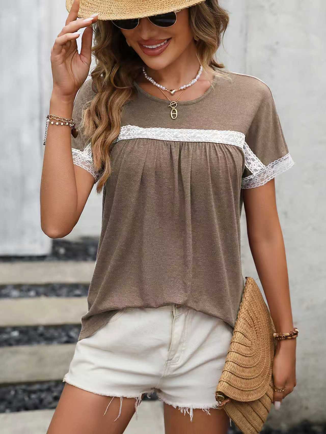 Lace-Panel Crew Neck Short Sleeve Top 8