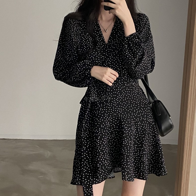 Women's Hong Kong Style V-Neck Polka Dot Dress