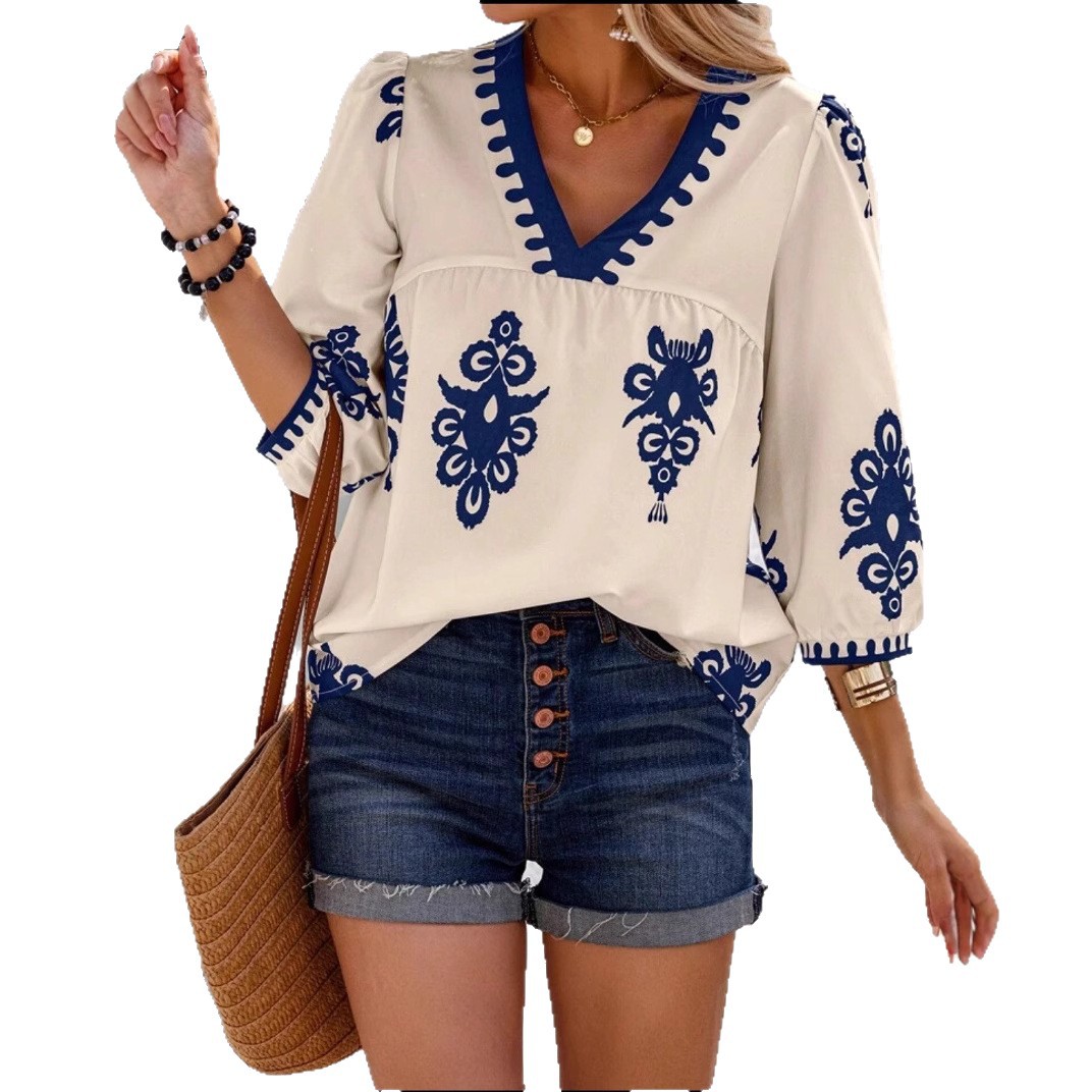Short Sleeve V-Neck T-Shirt with Digital Print 5