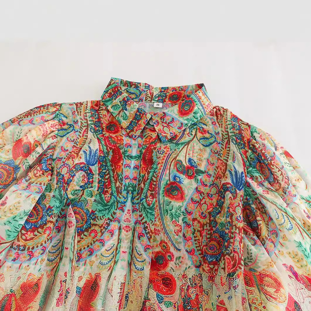 Chiffon Puff Sleeve Shirt with Lapel Print 2