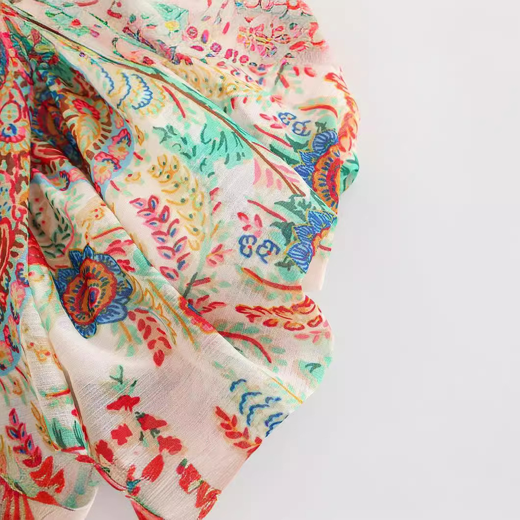 Chiffon Puff Sleeve Shirt with Lapel Print 3
