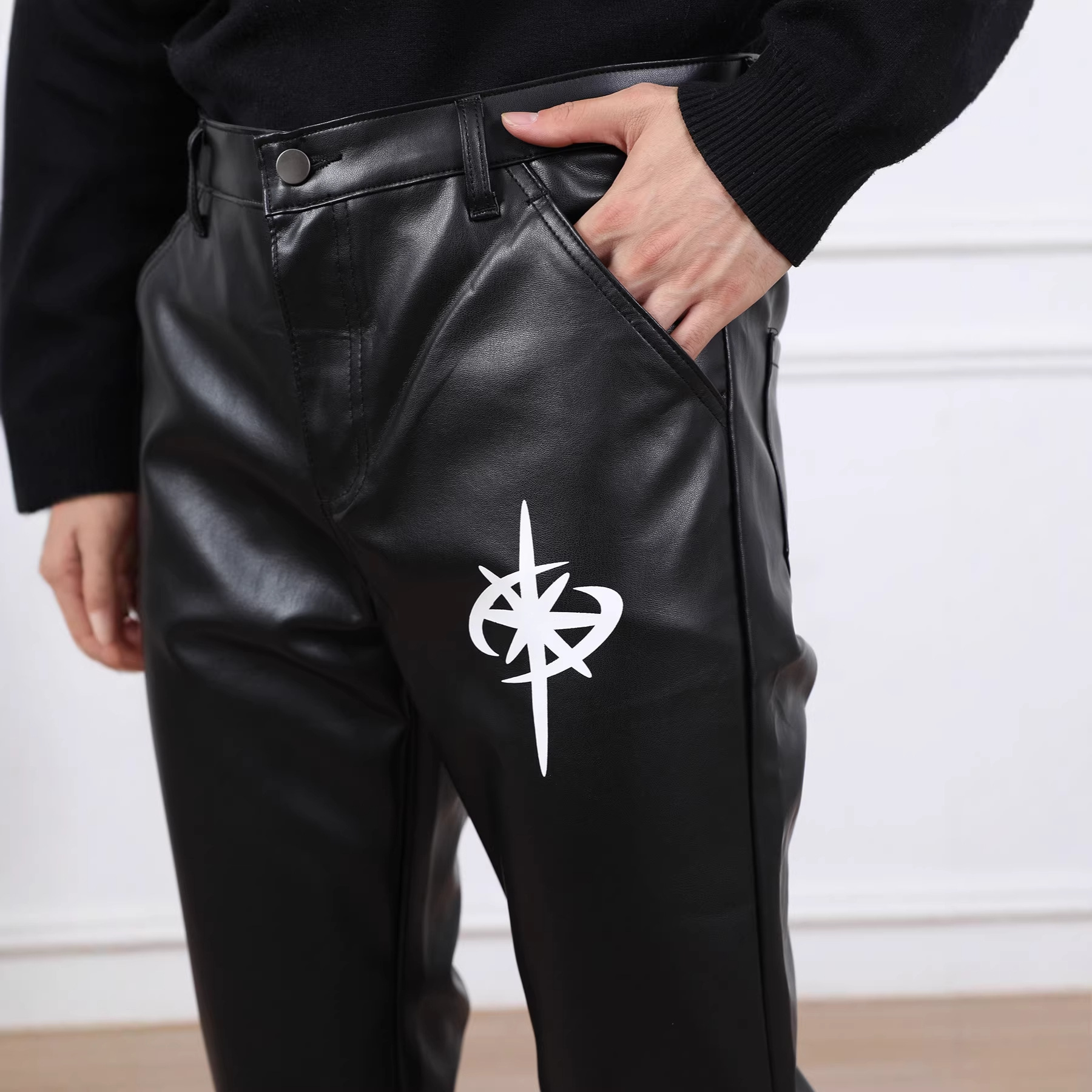 Men's Casual Faux Leather Wide-Leg Pants 4
