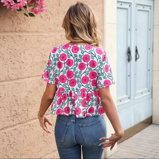 V-Neck Belted Top with Ruffled Short Sleeves 3