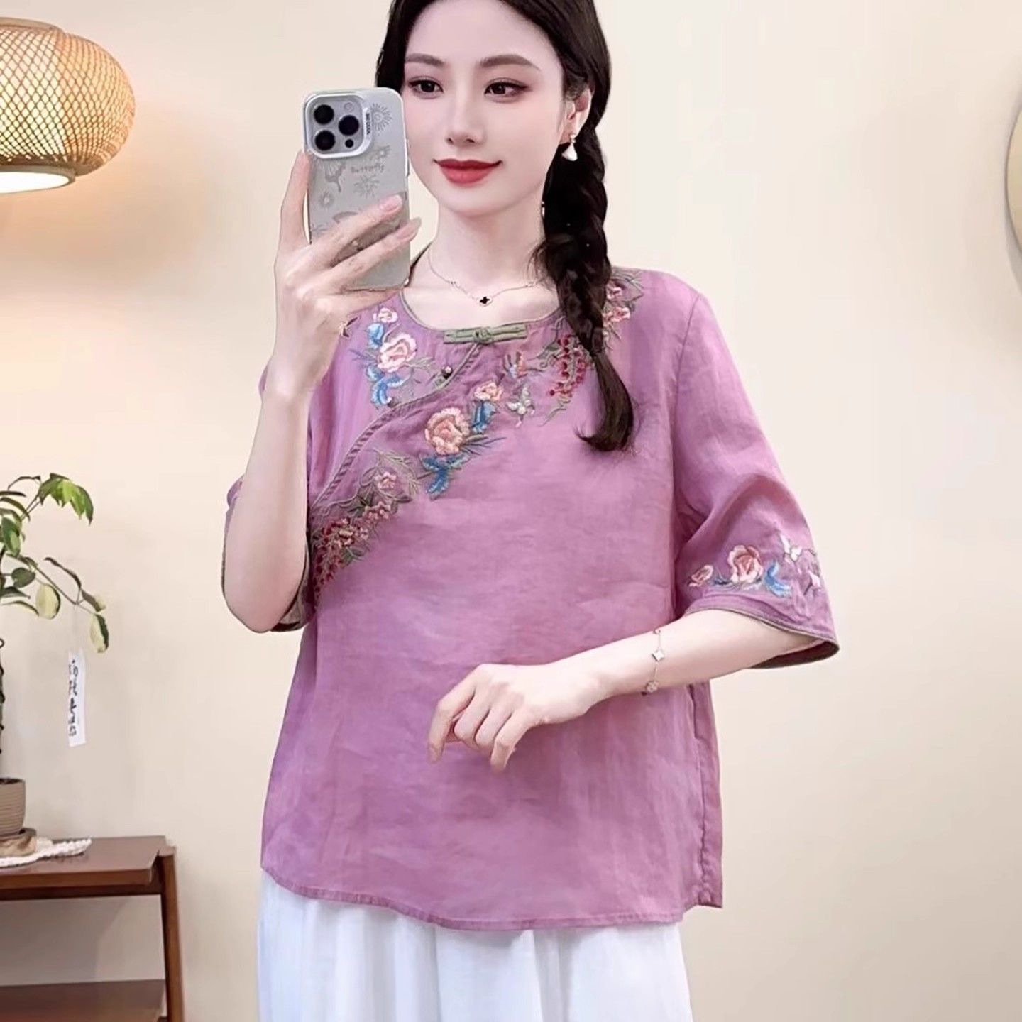 Women's Embroidered Cotton-Linen Short Sleeve Shirt 3