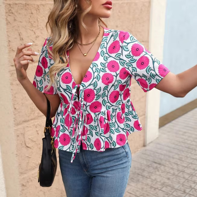 V-Neck Belted Top with Ruffled Short Sleeves 4