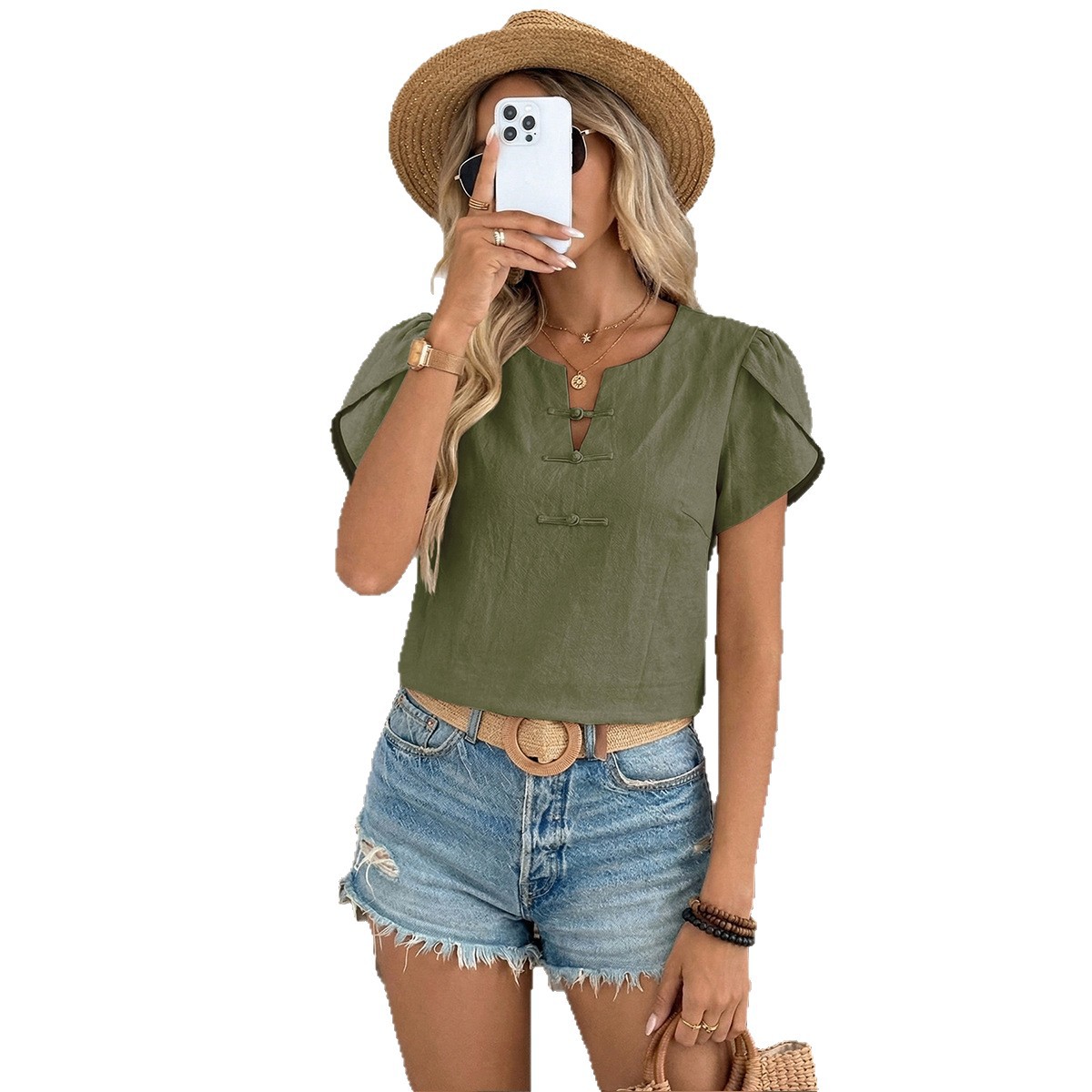 Women's Slim-Fit Breathable Short Mandarin-Button Shirt 6