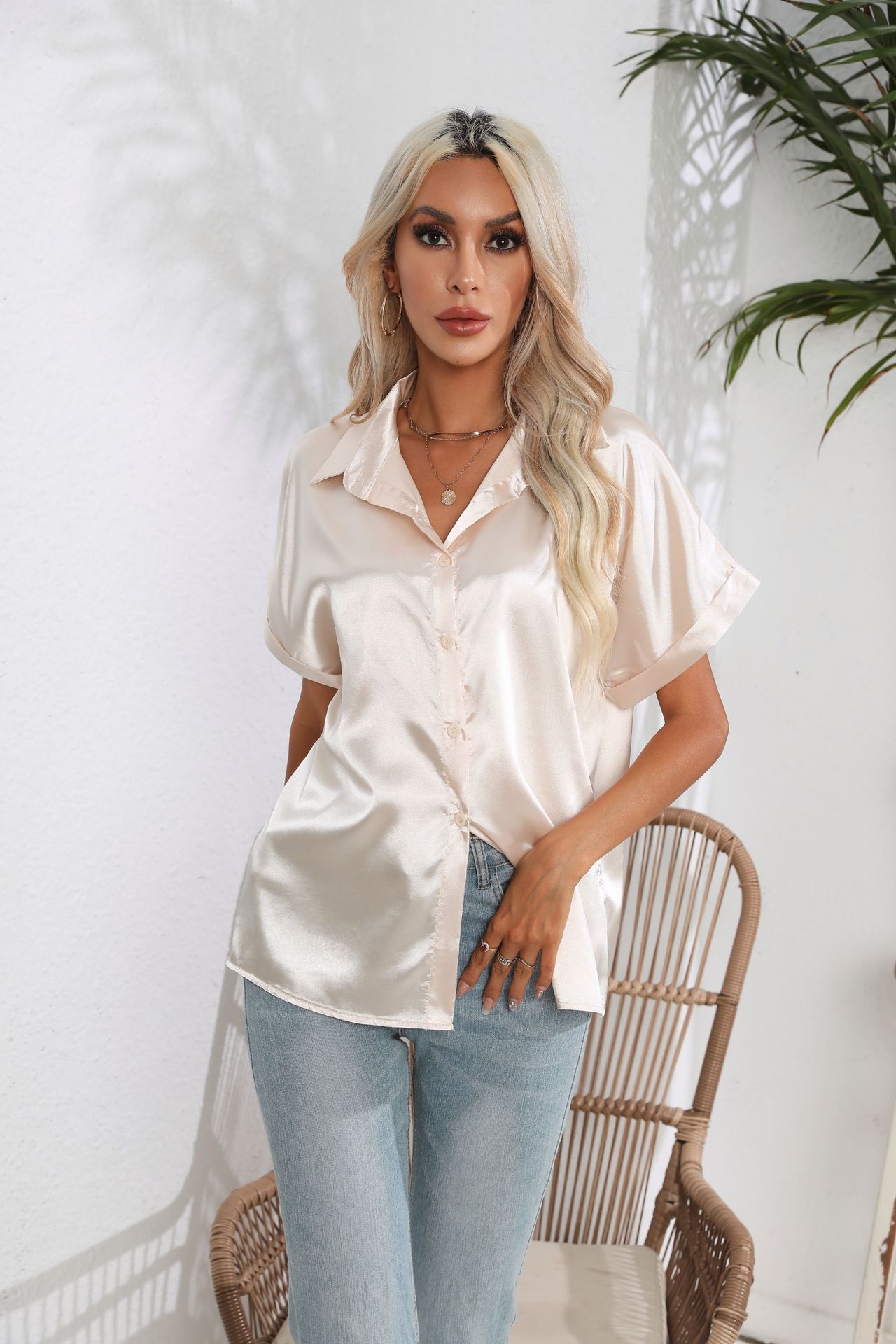 Cuffed Satin Short-Sleeve Blouse 8