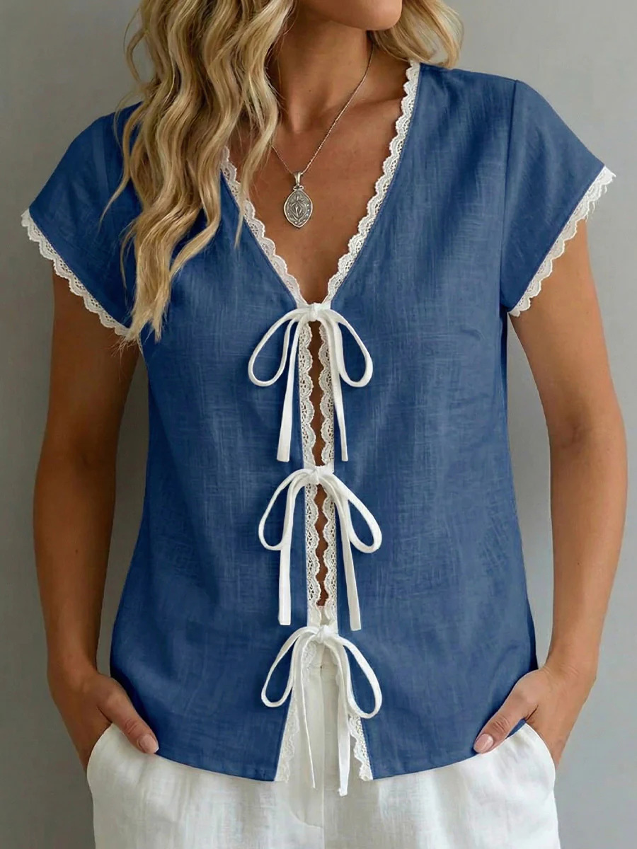 Contrast Lace-Trim Short Sleeve Top 9