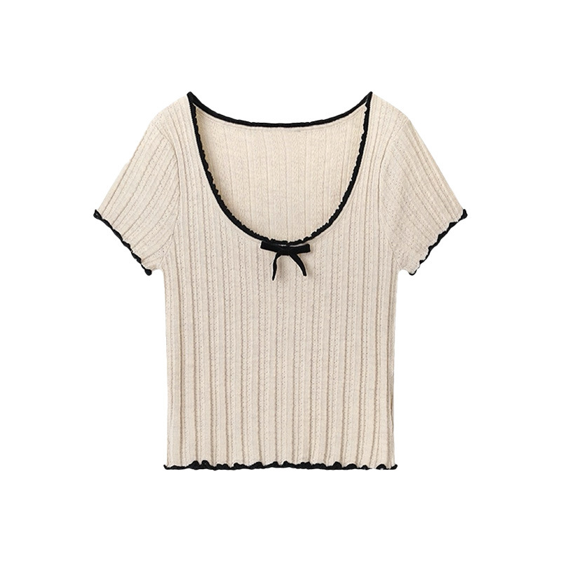 American Style Contrast Color Lace Bow Ice Silk Knit Top 5