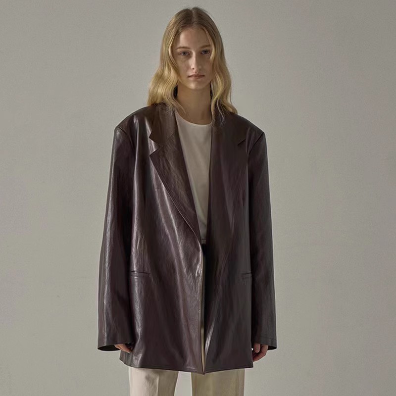 Women's Loose Mid-Length Leather Coat