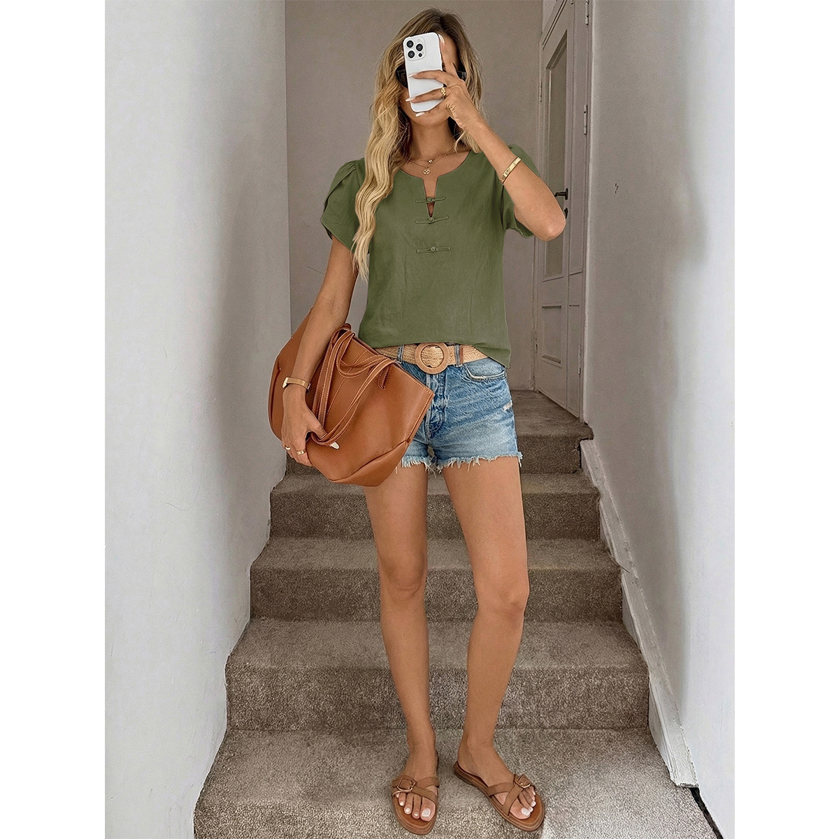Women's Slim-Fit Breathable Short Mandarin-Button Shirt 4