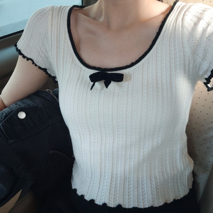 American Style Contrast Color Lace Bow Ice Silk Knit Top 6