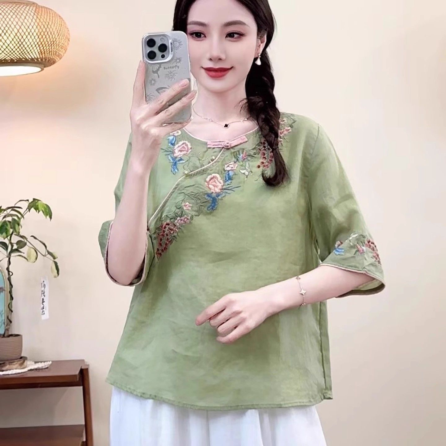 Women's Embroidered Cotton-Linen Short Sleeve Shirt 10