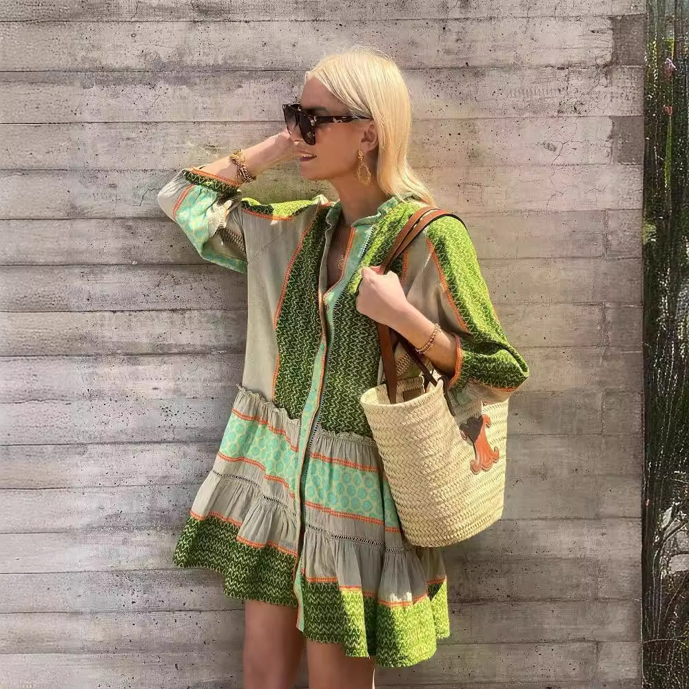 Spring and autumn cotton-linen placement print dress