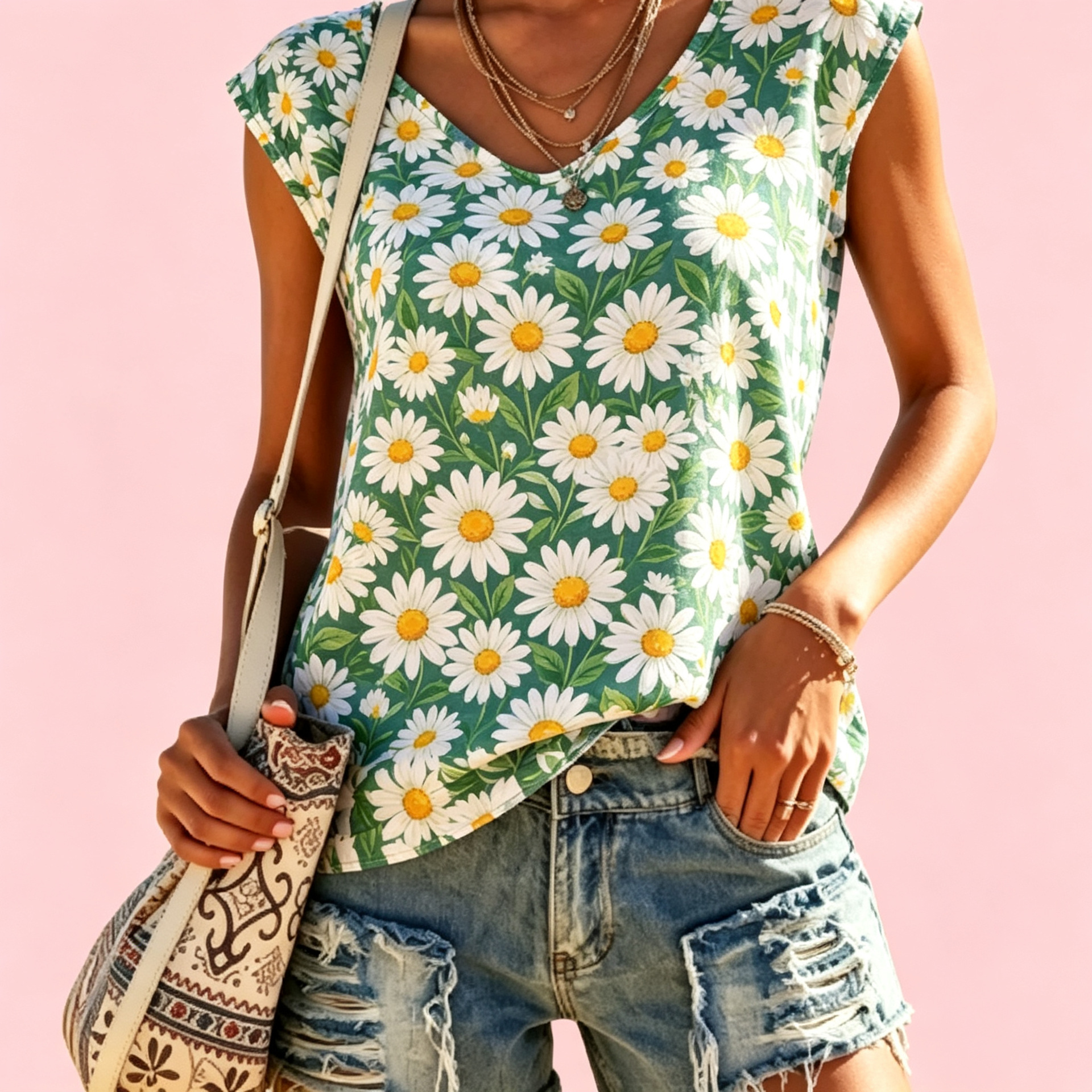 Bohemian Daisy Print Sleeveless Summer Top 3