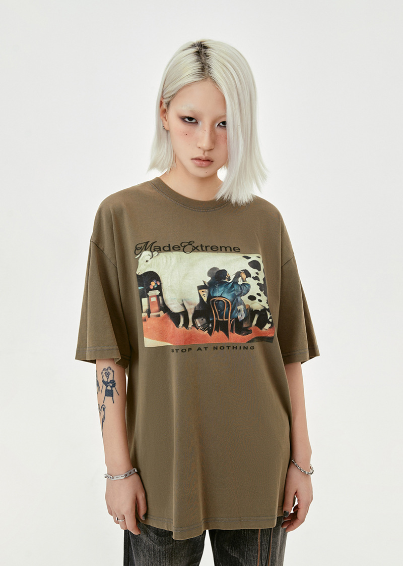 American Retro Distressed Cow Painting T-Shirt 12