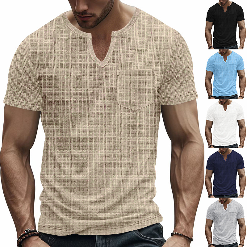 Men's Loose V-Neck Short-Sleeve Solid-Color Shirt