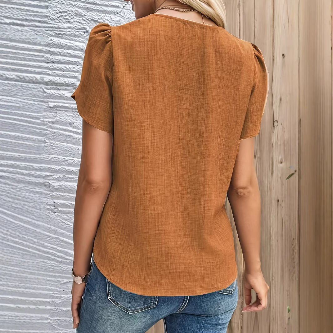 Summer Solid Color Frog Button Short Sleeve Shirt 4