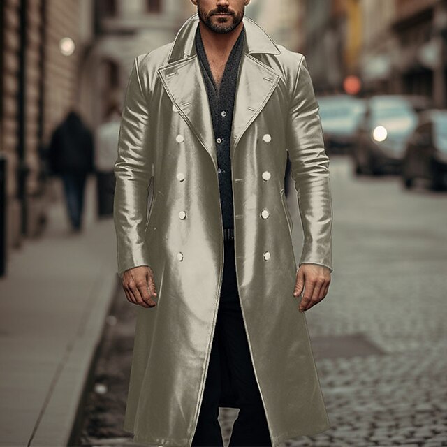 Men's Long Double-Breasted Leather Trench Coat