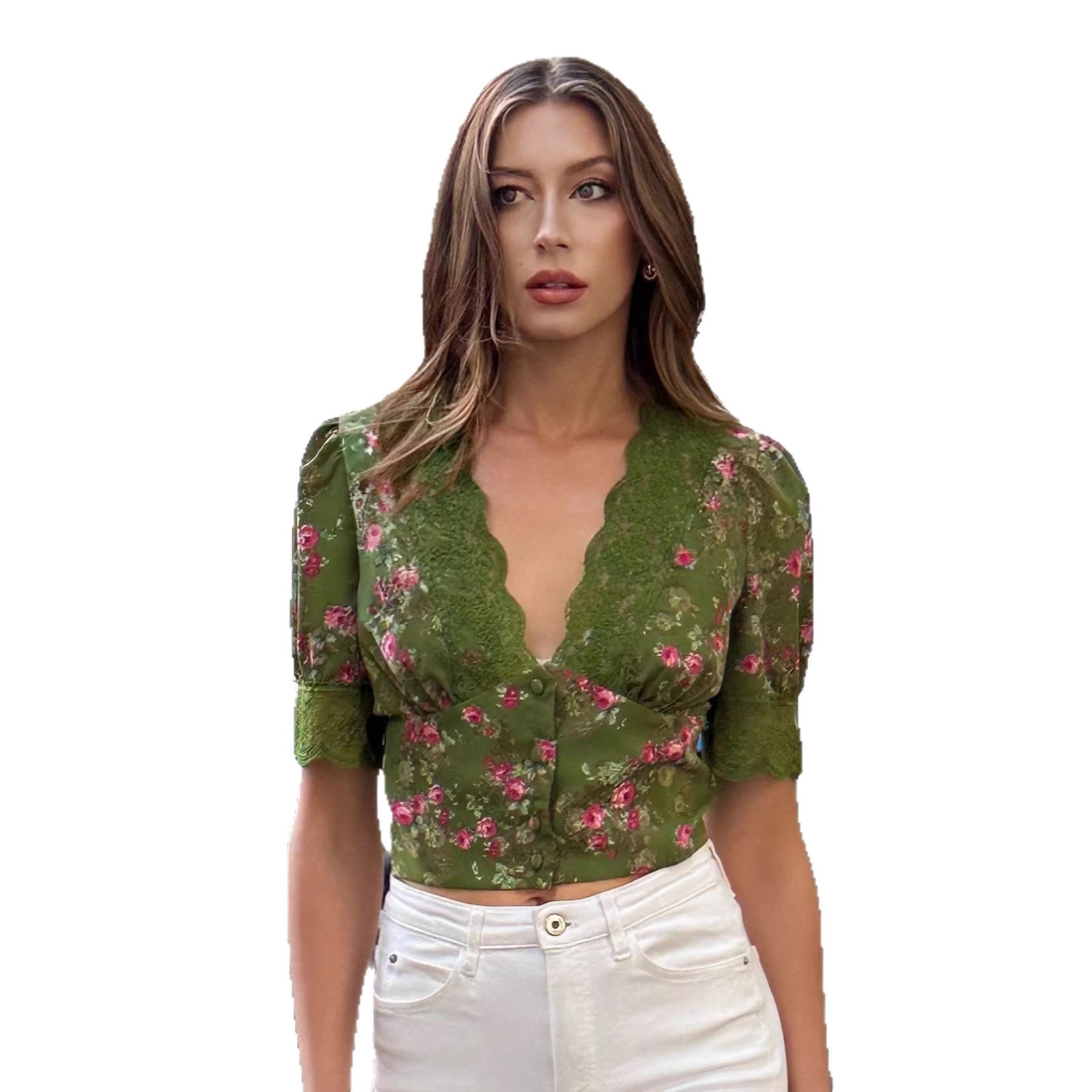 French Retro Lace V-Neck Puff Sleeve Top 5