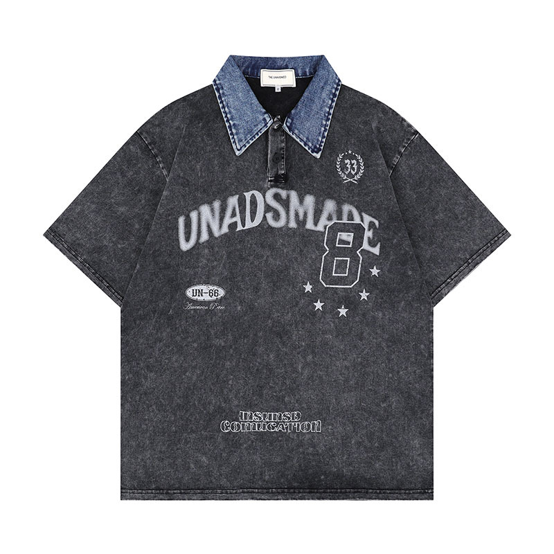 Contrast Color Denim Lapel T-Shirt 2