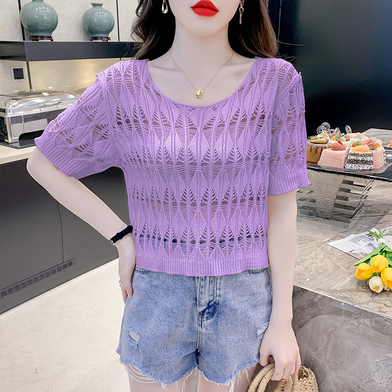 Hollow-out Ice Silk Short Sleeve Sweater 7