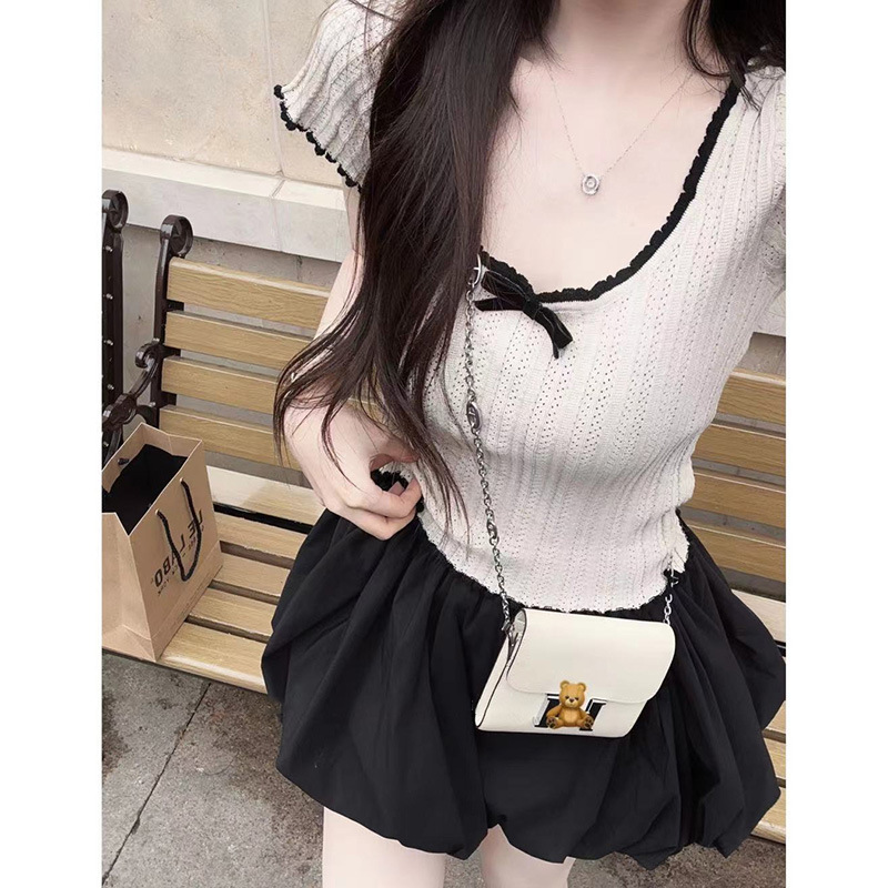 American Style Contrast Color Lace Bow Ice Silk Knit Top 3