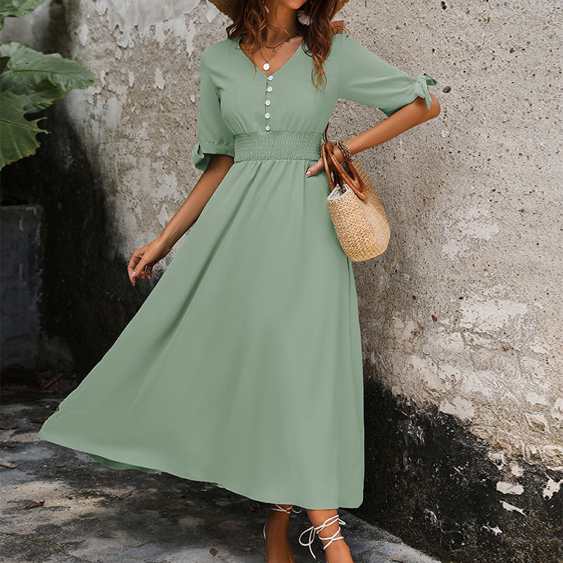 High-Waist Smocked V-Neck Women's Dress