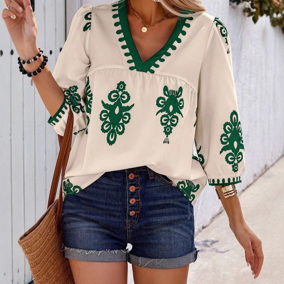 Short Sleeve V-Neck T-Shirt with Digital Print 3