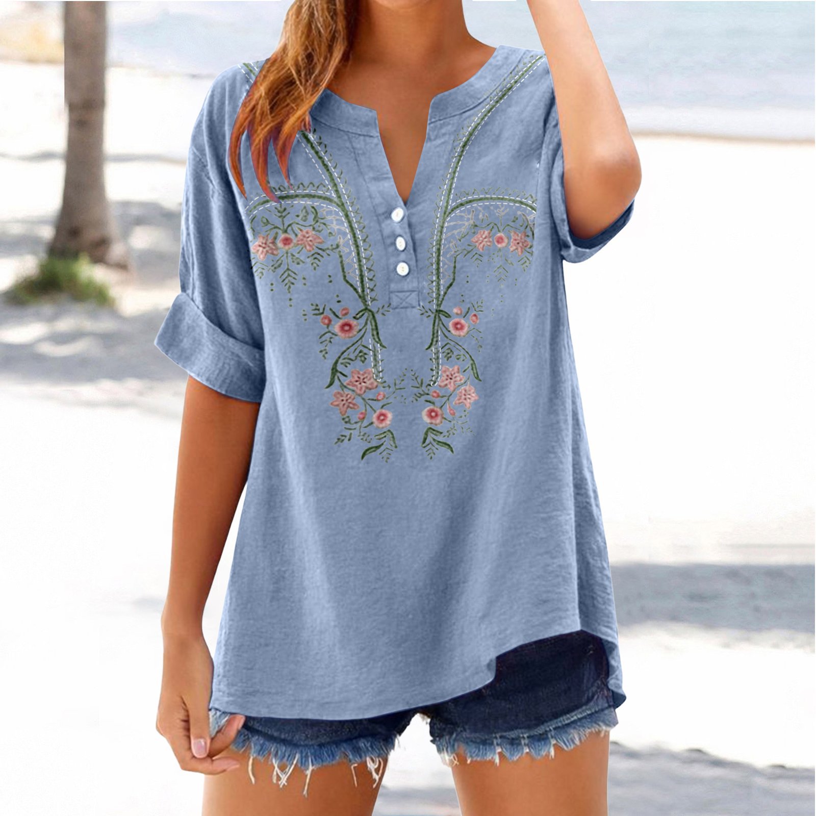 Retro Embroidered V-Neck Top 7