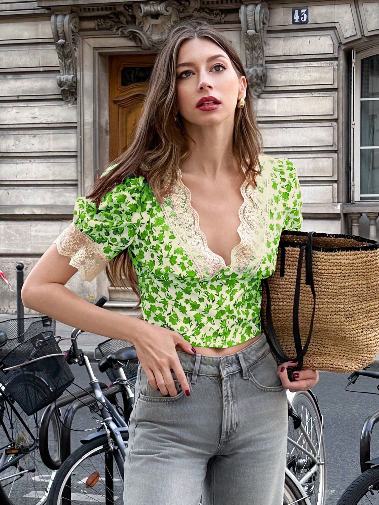 French Retro Lace V-Neck Puff Sleeve Top 8