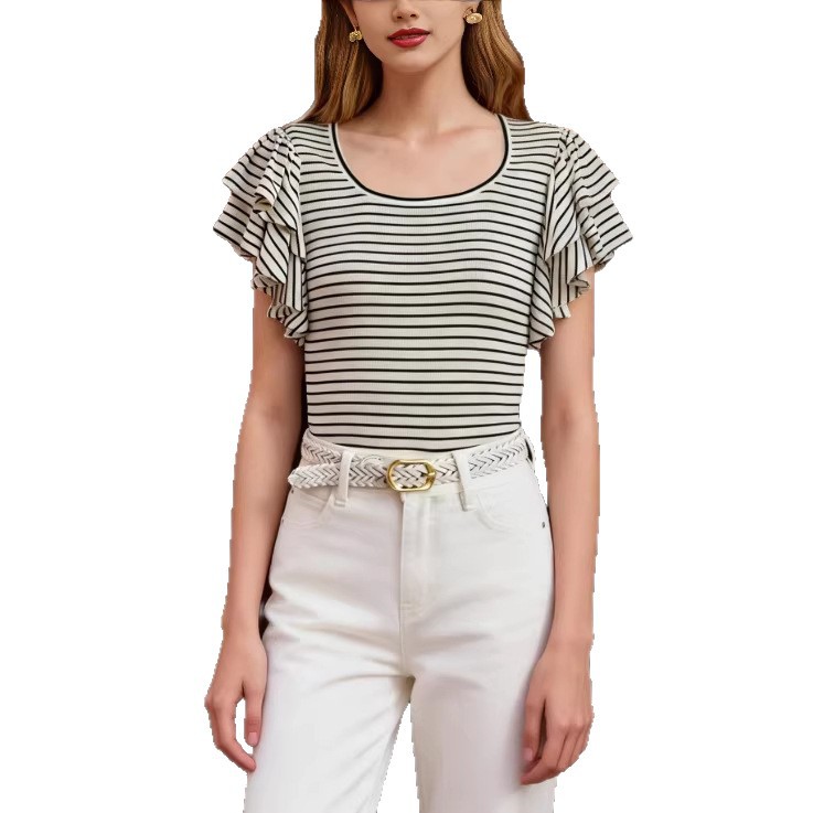 Women's Ribbed Knit Ruffled Short Sleeve Top 5