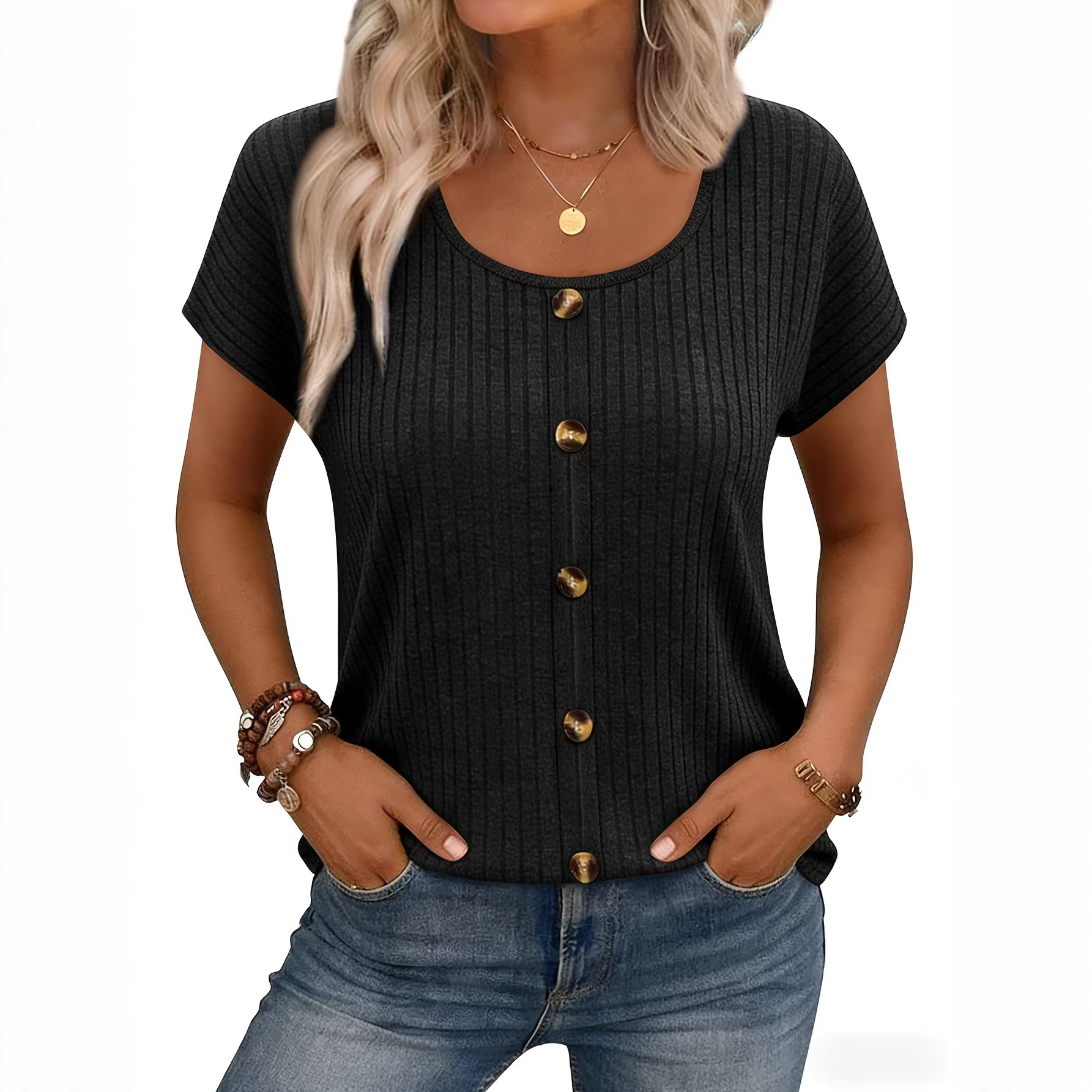 Women's Round Neck Button-Up Top 3